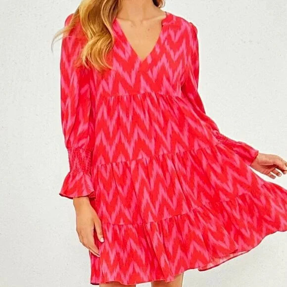 Pomander Place Hot Pink Ikat Kenzo Dress Size M in Hot Pink Ikat - Picture 2 of 13